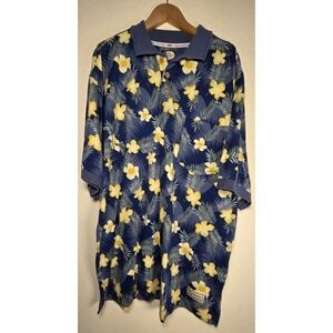 Tommy Bahama Floral Polo Shirt Navy Yellow Hawaiian Print Cotton Large